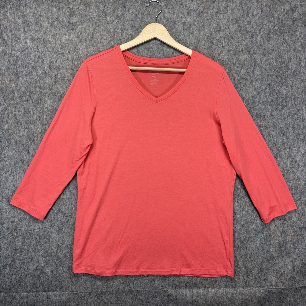 Woolx Elena 3/4 Sleeve V Neck Shirt Womens Large Merino Blend Wool Hibiscus Pink